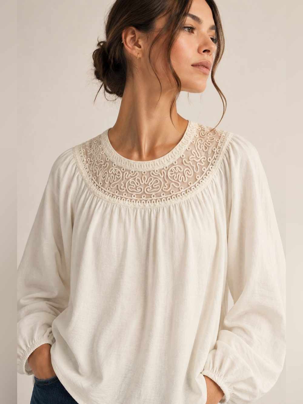 #308 JODIFL Cream Embroidered Yoke Peasant Blouse